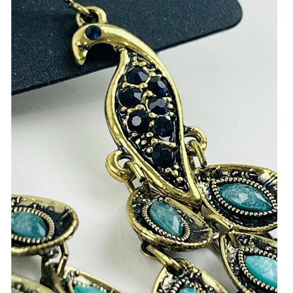 Pier 1 Peacock Dangle Earrings Brass tone Green Purple Blue Feathers Bird Cluste - Picture 5 of 10